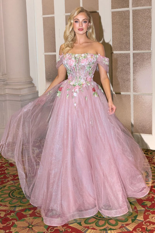 Vestido en Corte A, al Hombro de Tul Brillante con Apliques Florales y Corpiño Tipo Corsé, Color Mauve