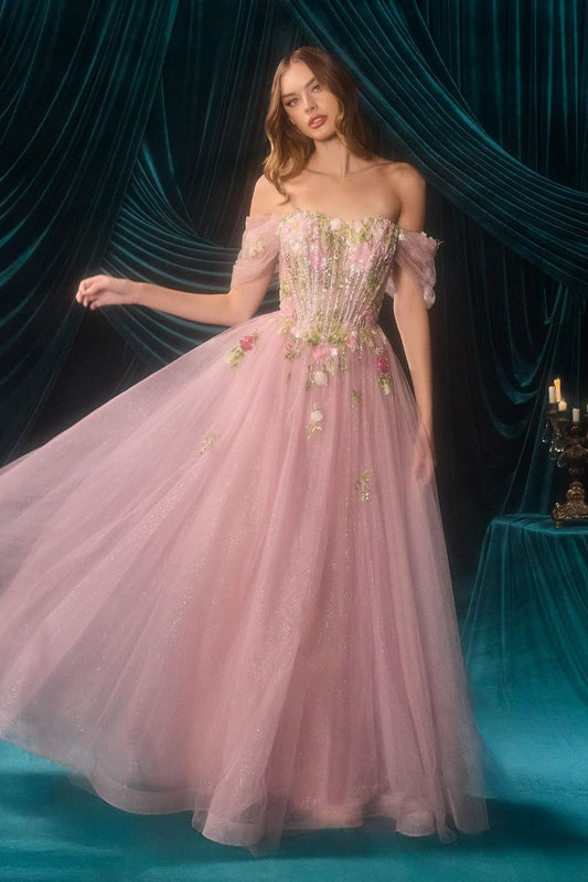 Vestido en Corte A, al Hombro de Tul Brillante con Apliques Florales y Corpiño Tipo Corsé, Color Mauve