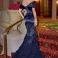 Vestido Escote plisado con Hombros Descubiertos, Corpiño Ajustado, Falda con Textura de Rosetas y Lentejuelas, Color Navy