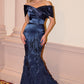 Vestido Escote plisado con Hombros Descubiertos, Corpiño Ajustado, Falda con Textura de Rosetas y Lentejuelas, Color Navy