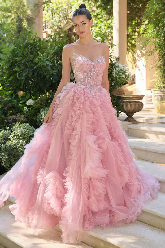 Vestido de Tul Suave en Capas con Detalles de Brillo y Corpiño con Cuentas Colores Rose Pink y Smoky Blue