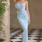 Vestido Ajustado Corto con Corpiño Transparente, Aplicaciones de Cuentas y Detalles Florales en 3D, Color Lt Blue