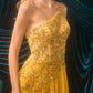 Vestido Corte en A, Escote Asimétrico con Aplique Floral de Cuentas y Capa Integrada, Color Marigold