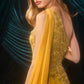 Vestido Corte en A, Escote Asimétrico con Aplique Floral de Cuentas y Capa Integrada, Color Marigold