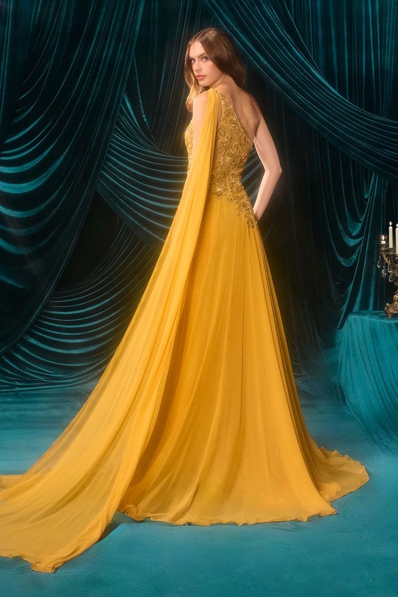 Vestido Corte en A, Escote Asimétrico con Aplique Floral de Cuentas y Capa Integrada, Color Marigold