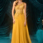 Vestido Corte en A, Escote Asimétrico con Aplique Floral de Cuentas y Capa Integrada, Color Marigold