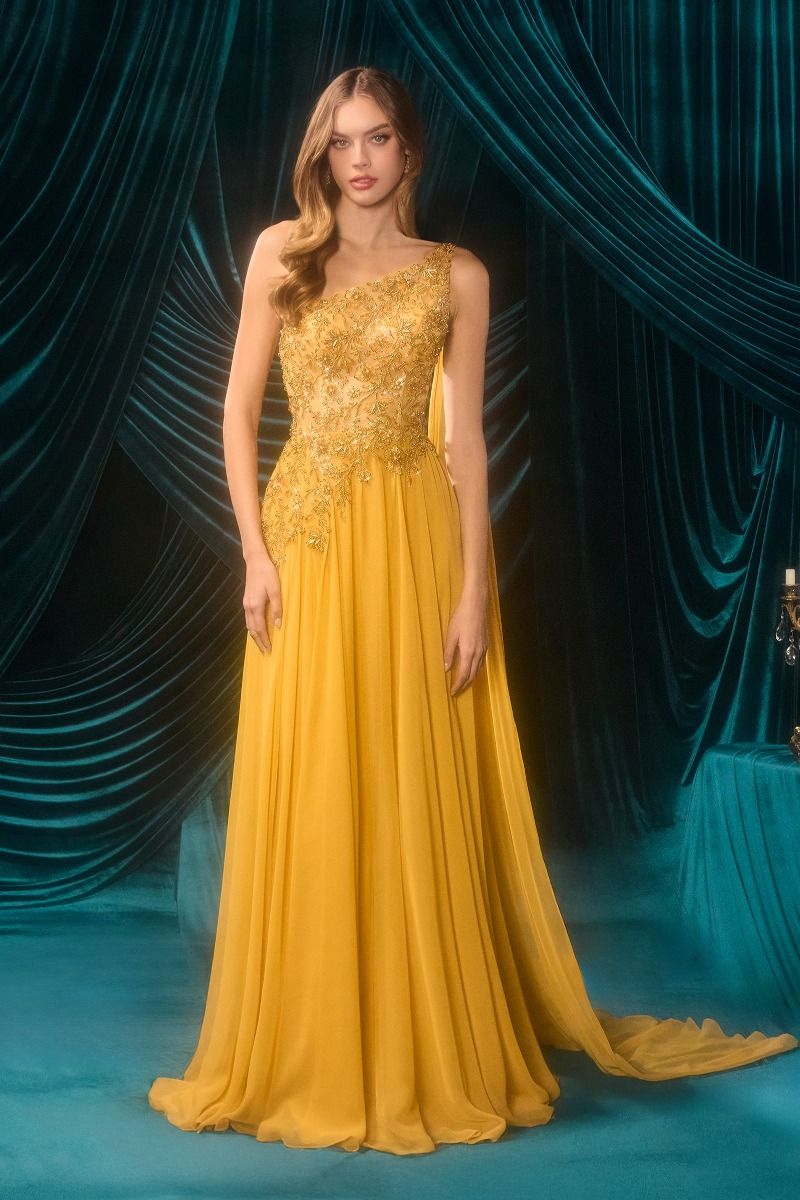 Vestido Corte en A, Escote Asimétrico con Aplique Floral de Cuentas y Capa Integrada, Color Marigold
