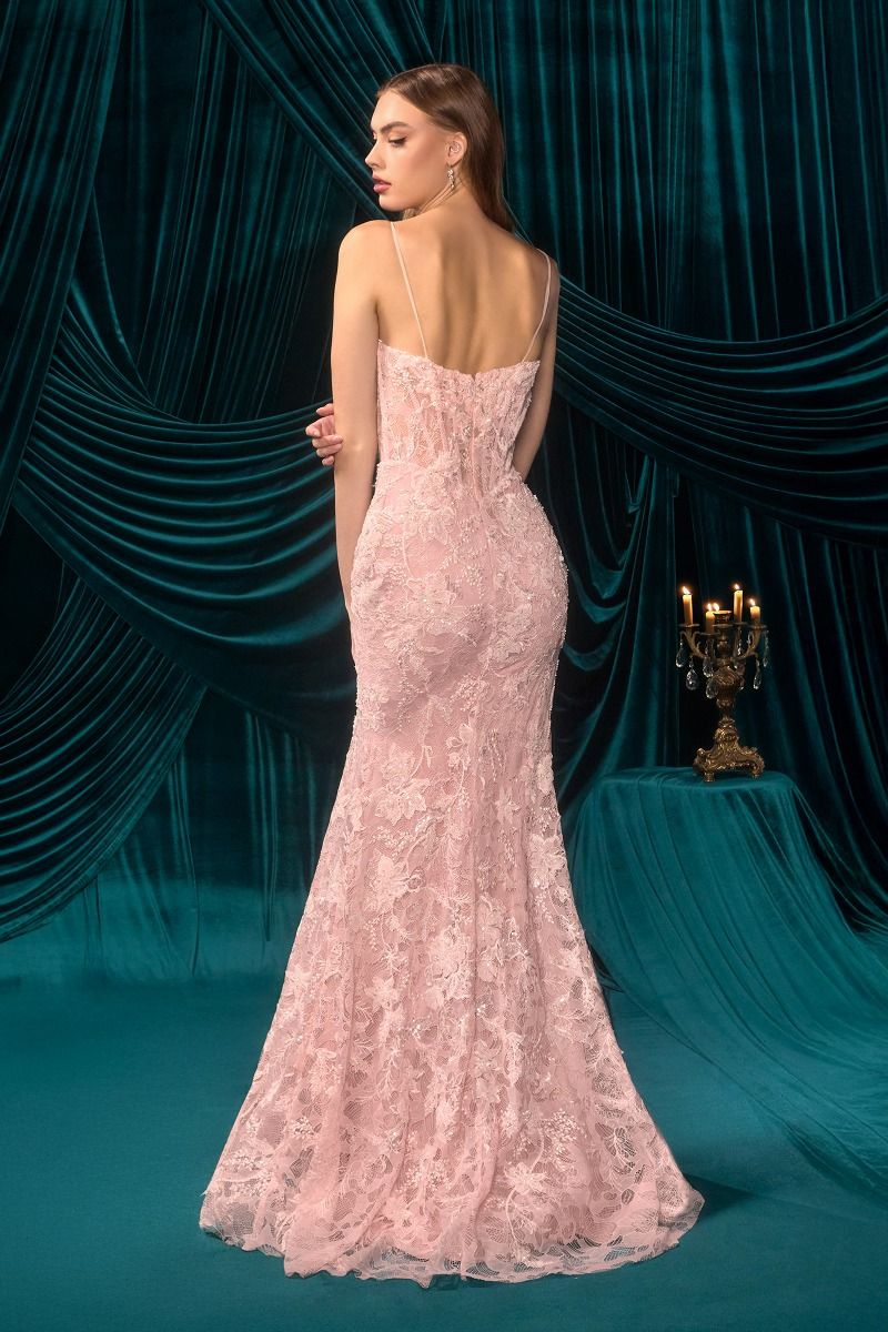 Vestido Entallado con Corpiño de Encaje Transparente con Motivo Floral y Abertura en la Pierna (Varios Colores)