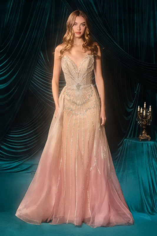 Vestido con Sobrefalda en Capas, Con Escote Corazón, con Detalles de Cuentas Lineales, Colores  Blue y Champagne Blush