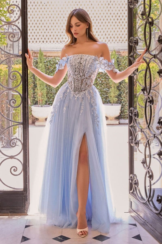Vestido de Tul Corte en A, con Corpiño Bordado, Escote Recto y Hombros Descubiertos, con Detalles Florales, Color Lt Blue