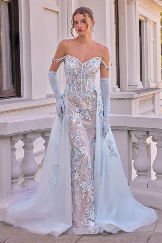 Vestido Entallado con Sobrefalda Vaporosa, Escote Corazón, Hombros Descubiertos, Bordado con Aplicaciones Florales, Color Blue