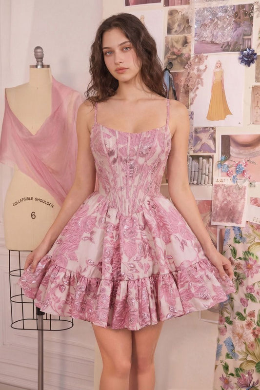 Vestido Corte de Jacquard Floral Metalizado y Corpiño Tipo Corsé, Colores Blue y Pink