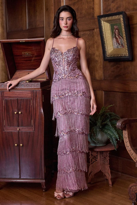 Vestido Corte Recto, Escote Corazón, Tirantes Finos, Con Flecos de Cuentas Dispuestos en Capas Escalonadas, Varios Colores