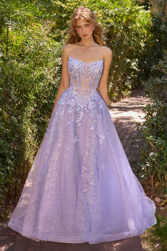 Vestido en Corte A, con Escote Palabra de Honor, Aplicaciones Florales, Pedrería Detallada y Corsé con Efecto Semitransparente, Colores Blue y Lavender