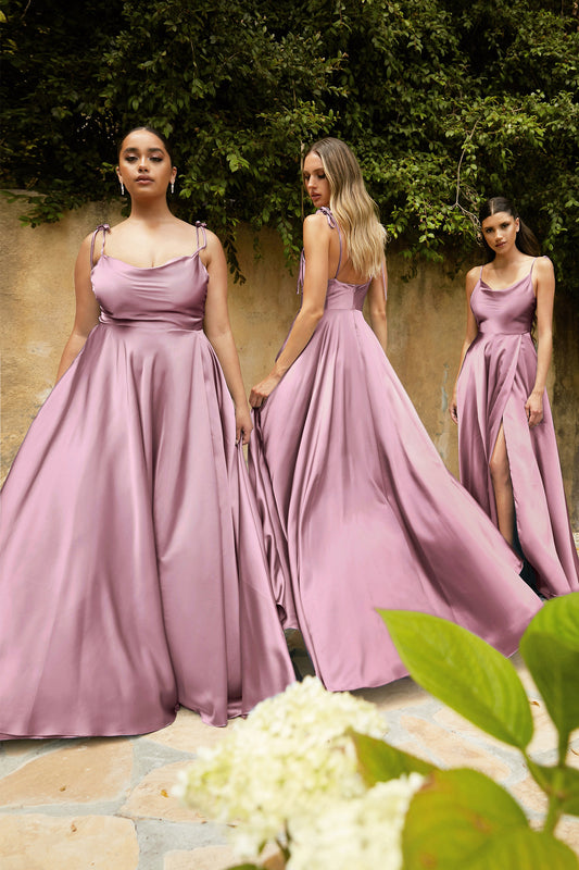 Vestido de Dama de Honor corte A con Tela Satinada y lazos Ajustables Mauve