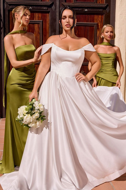 Vestido de Novia de Satén Suave con Hombros Descubiertos.