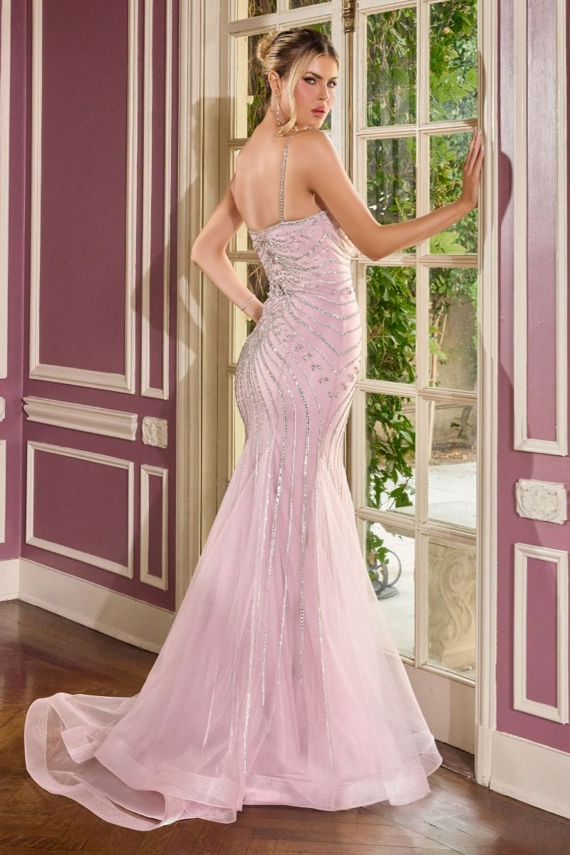 Vestido con Escote Redondo, Tirantes Adornados y Cauda con Moño Desmontable, Colore Mauve y Champagne
