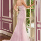 Vestido con Escote Redondo, Tirantes Adornados y Cauda con Moño Desmontable, Colore Mauve y Champagne