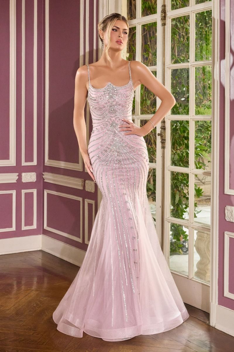 Vestido con Escote Redondo, Tirantes Adornados y Cauda con Moño Desmontable, Colore Mauve y Champagne