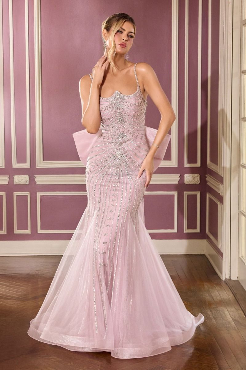 Vestido con Escote Redondo, Tirantes Adornados y Cauda con Moño Desmontable, Colore Mauve y Champagne