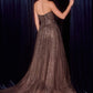 Vestido Entallado con Sobrefalda Desmontable, Escote Corazón, Corsé Semitransparente, Con Elaborados de Cristal y Pedrería Espresso y Gold