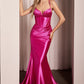 Vestido Corte Sirena  De Sáten Semi-Elástico Con Brillos Color Fuchsia.