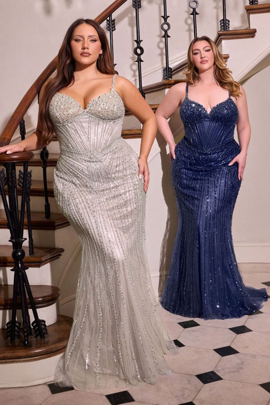 Vestido Curvy Corte de Sirena de Encaje con Cuentas sin Tirantes (Varios Colores)