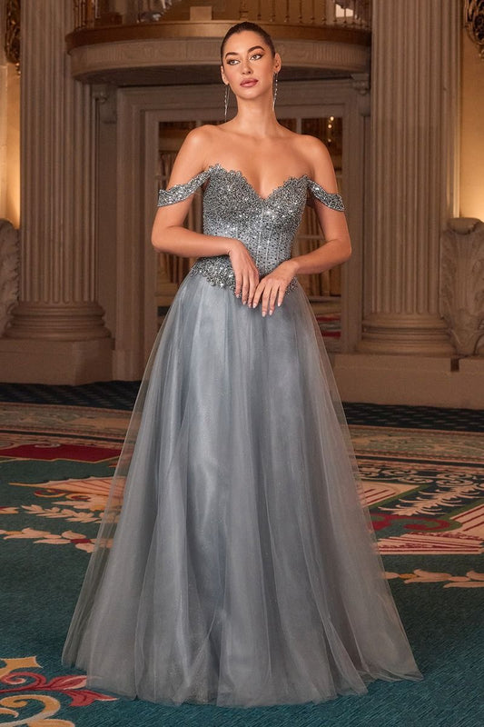 Vestido con Hombros Descubiertos y Corpiño Adornado con Cuentas y Falda de Tul Brillante (Varios Colores)