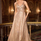 Vestido Corte en A de Tul con Cuentas, Escote en V, Color Mocha Gold