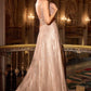 Vestido Corte en A de Tul con Cuentas, Escote en V, Color Mocha Gold