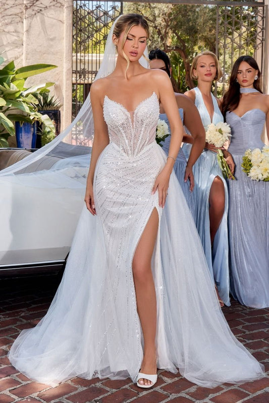 Vestido de Novia Entallado con Sobrefalda Desmontable, Escote Corazón con Cuerpo Tipo Corsé de Efecto Ilusión, Color Off White