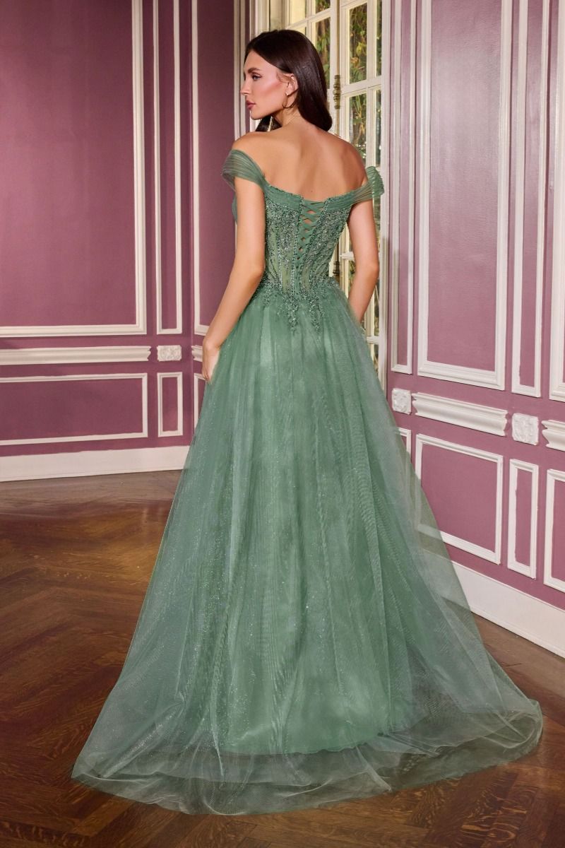 Vestido de Gala Escote con Hombros Descubiertos, Tirantes de Tul Drapeado y Corpiño Completamente Adornado (Varios Colores)