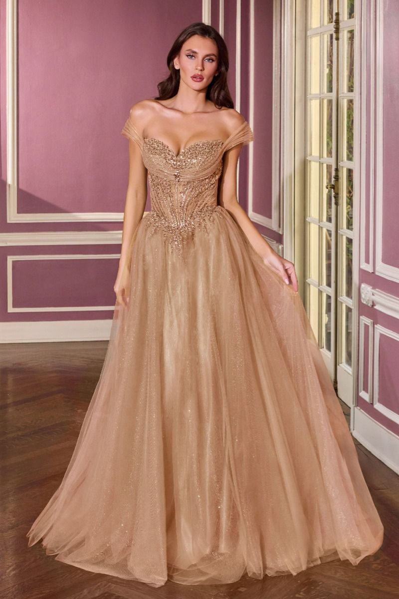 Vestido de Gala Escote con Hombros Descubiertos, Tirantes de Tul Drapeado y Corpiño Completamente Adornado (Varios Colores)