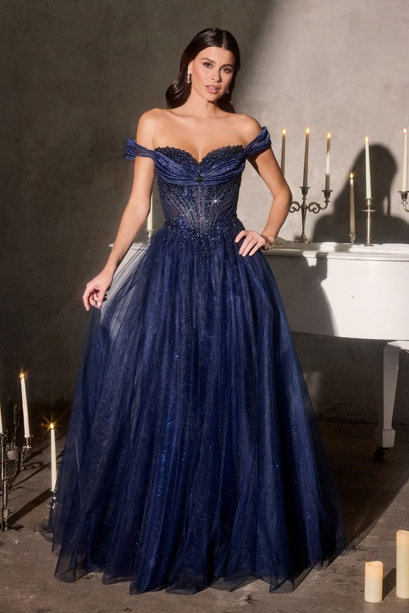 Vestido de Gala Escote con Hombros Descubiertos, Tirantes de Tul Drapeado y Corpiño Completamente Adornado (Varios Colores)