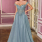 Vestido de Gala Escote con Hombros Descubiertos, Tirantes de Tul Drapeado y Corpiño Completamente Adornado (Varios Colores)