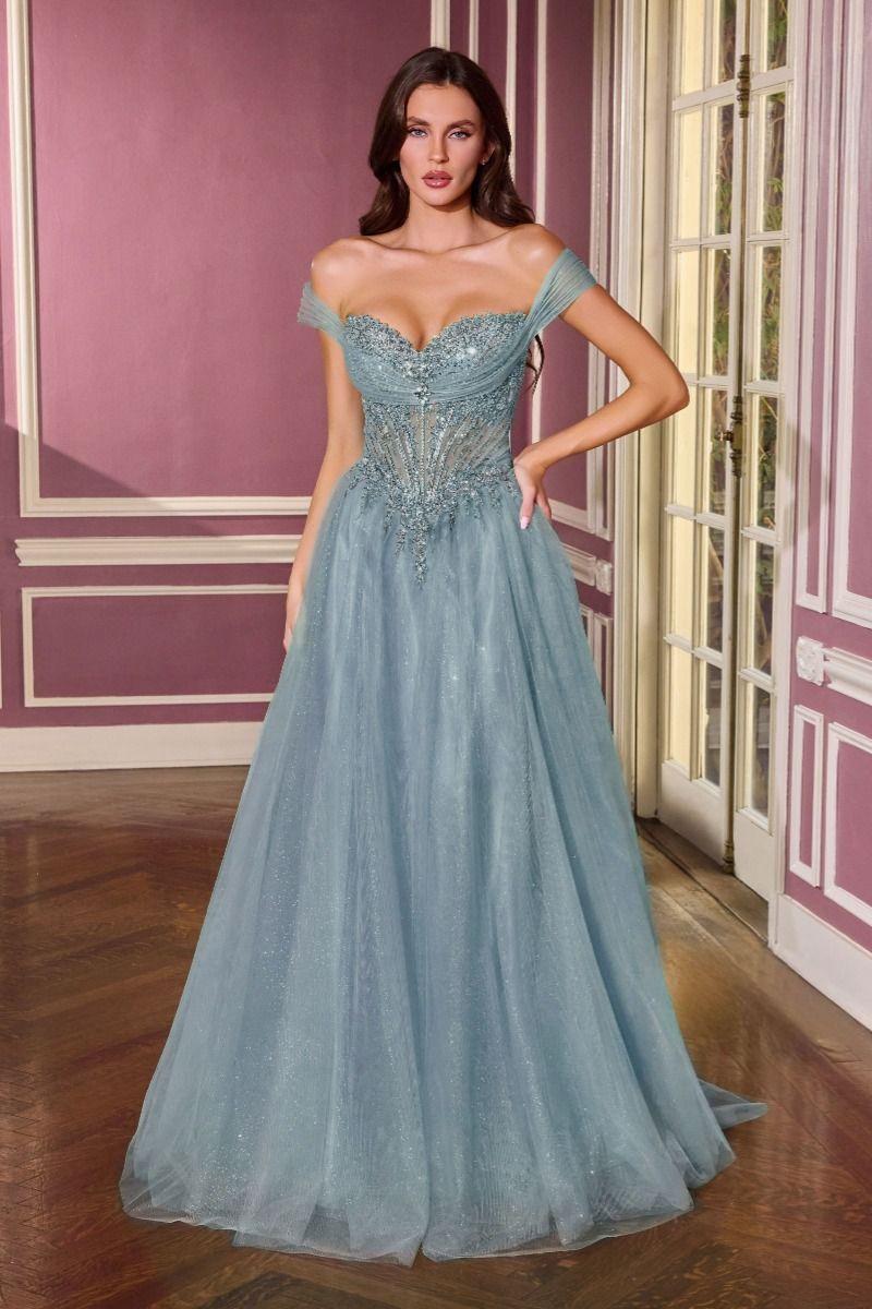 Vestido de Gala Escote con Hombros Descubiertos, Tirantes de Tul Drapeado y Corpiño Completamente Adornado (Varios Colores)
