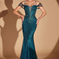 Vestido Corte Sirena, con Escote Corazón con Tirantes Caídos y Elaborados Adornos de Cristales y pedrería