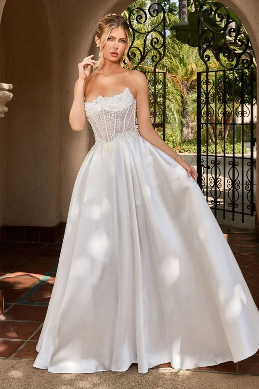 Vestido de Novia Corte en A, Escote Corazón con Aplicaciones de Encaje Bordado y Cuerpo Tipo Corsé con Efecto Semitransparente, Color Off White