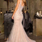 Vestido Corte Sirena con Escote Redondo y Tirantes Gruesos de Tul con Aplicaciones de Cristales, Color Silver Nude