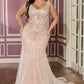 Vestido Curvy Corte Sirena, con Escote Redondo, Tirantes Gruesos de Tul Con Aplicaciones de Cuentas, Color  Silver Nude