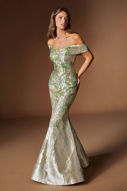 Vestido de Jacquard Metalizado, Corte Sirena, Hombros Descubiertos