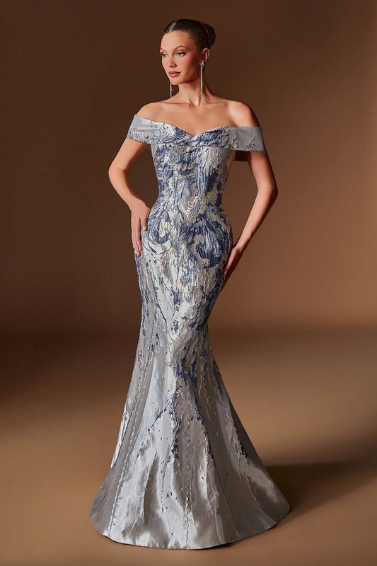 Vestido de Jacquard Metalizado, Corte Sirena, Hombros Descubiertos