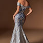Vestido de Jacquard Metalizado, Corte Sirena, Hombros Descubiertos