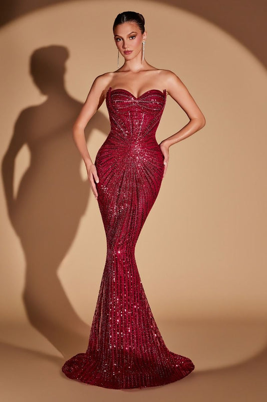 Vestido Corte Sirena, Escote Corazón, Totalmente Adornado con Pedrería, Lentejuelas y Cristales, Varios Colores