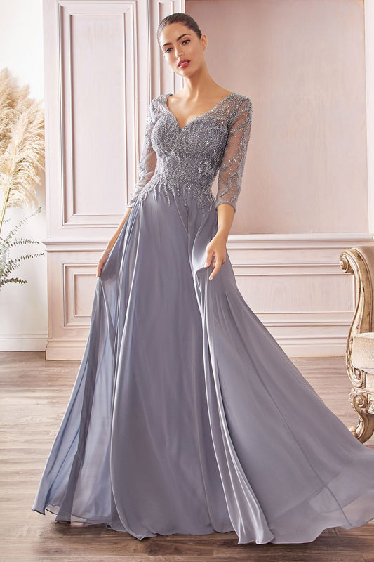 Vestido en línea A de Chifón manga larga Smoky Blue y Seamist