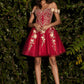 Vestido Corto al Hombro con Apliques de Encaje y Florales (Varios Colores)