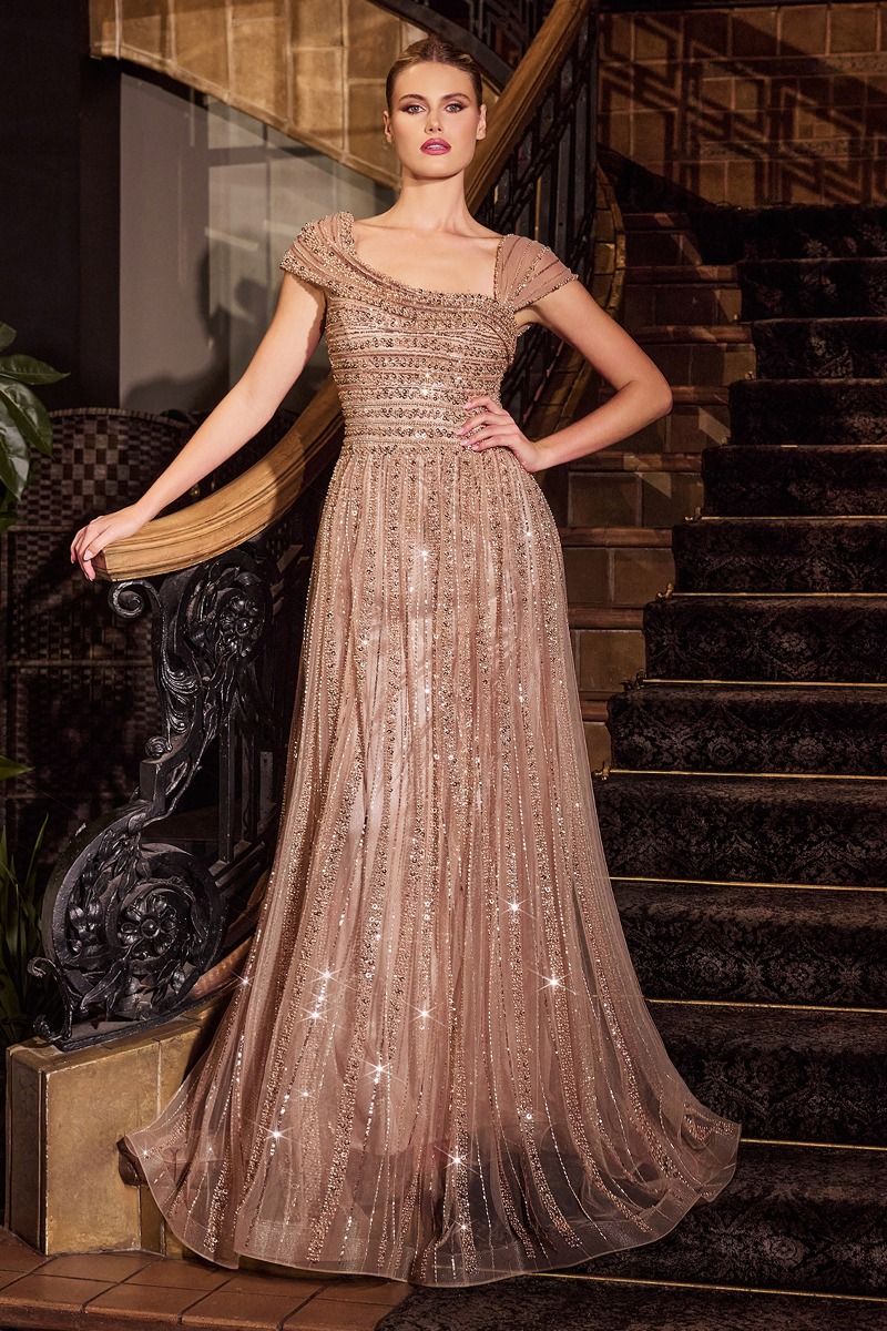 Vestido Con Escote Ligeramente Drapeado con Detalles Lineales de Lentejuelas y Mangas Ajustables (Varios Colores)