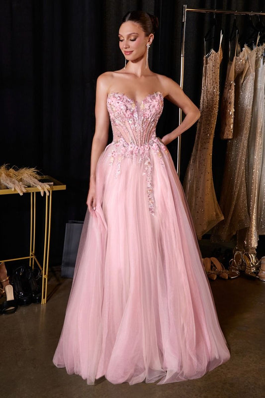 Vestido en Corte A, de Tul en Capas con Aplicaciones Florales Bordadas, Corpiño Tipo Corsé, Escote Corazón y Abertura en la Pierna, Varios Colores