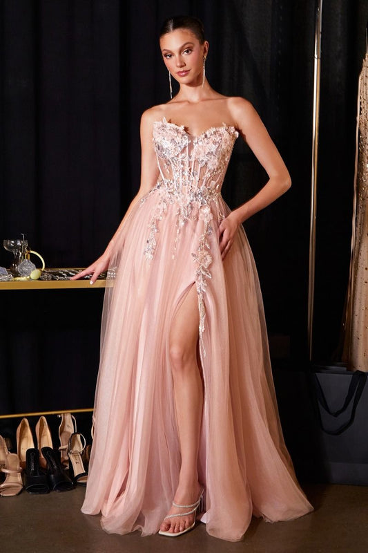 Vestido Corte en A de Tul, Escote Corazón, con Aplicaciones Florales en 3D, Color Blush