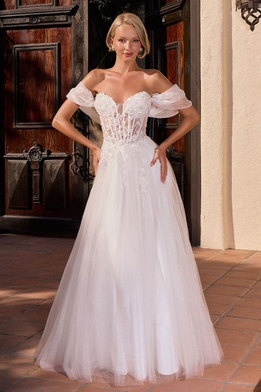 Vestido de Novia con Corpiño TIpo Corsé Transparente con Escote Corazón, Falda Corte A de Tul y Detalles Florales, Color Off White